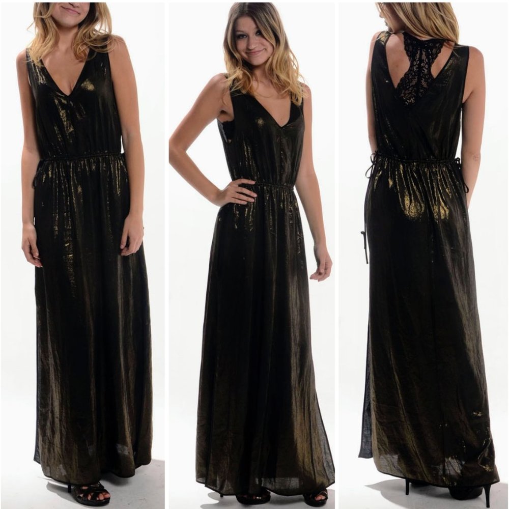 Leith Black & Gold Shimmer V-Neck Maxi Dress with Waist Side Ties Size: S